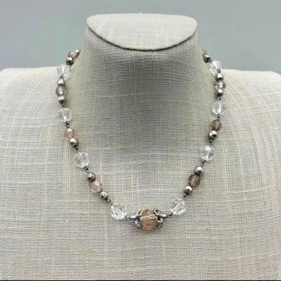 NY Necklace Smokey Gray Clear Faceted Beaded Strand 15" Collar - Picture 1 of 7